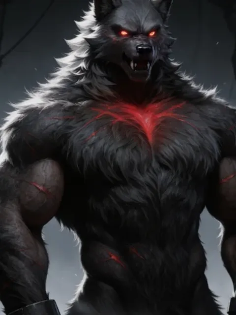 Fenrir, werewolf AI character with red eyes