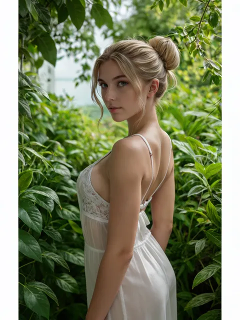 Lena, blonde AI girlfriend in a white dress in a garden