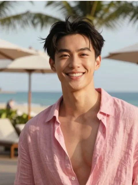 Leo, smiling AI boyfriend in a pink shirt on the beach